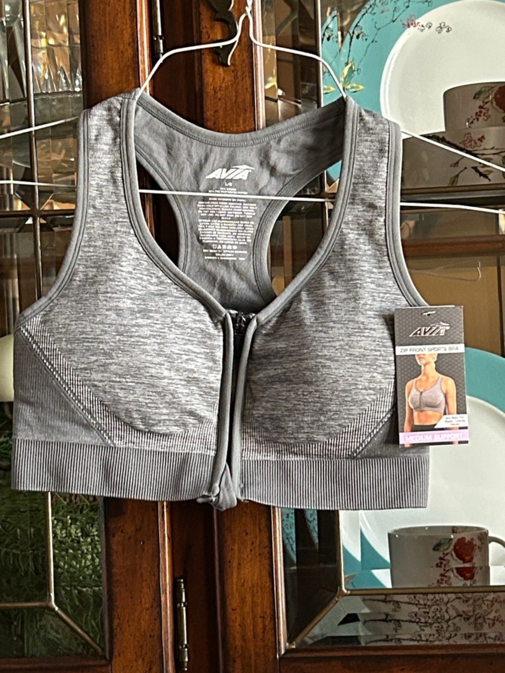 Avia Gray Front-Zip Medium Support Sports Bra